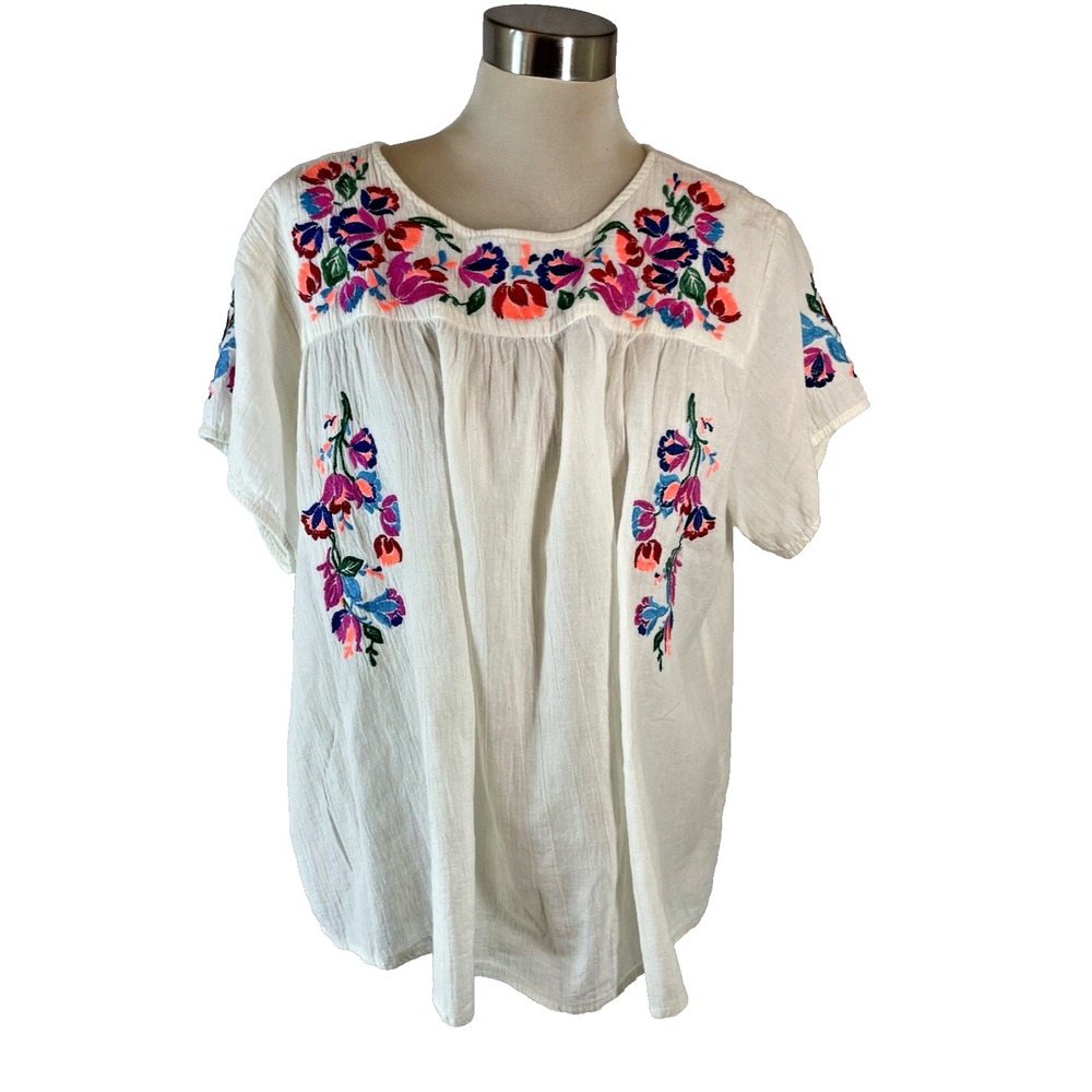 See and Be Seen Cotton Bright Boho Tunic Top Floral Embroidery Sz L